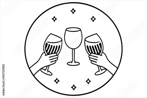 Minimal vector of three hands from different angles holding wine glasses in a festive circle