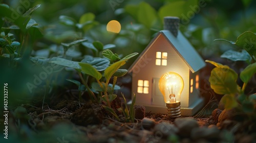 Smart house and environment, Small house model and light bulb on the ground for real estate, eco design , green electricity energy background