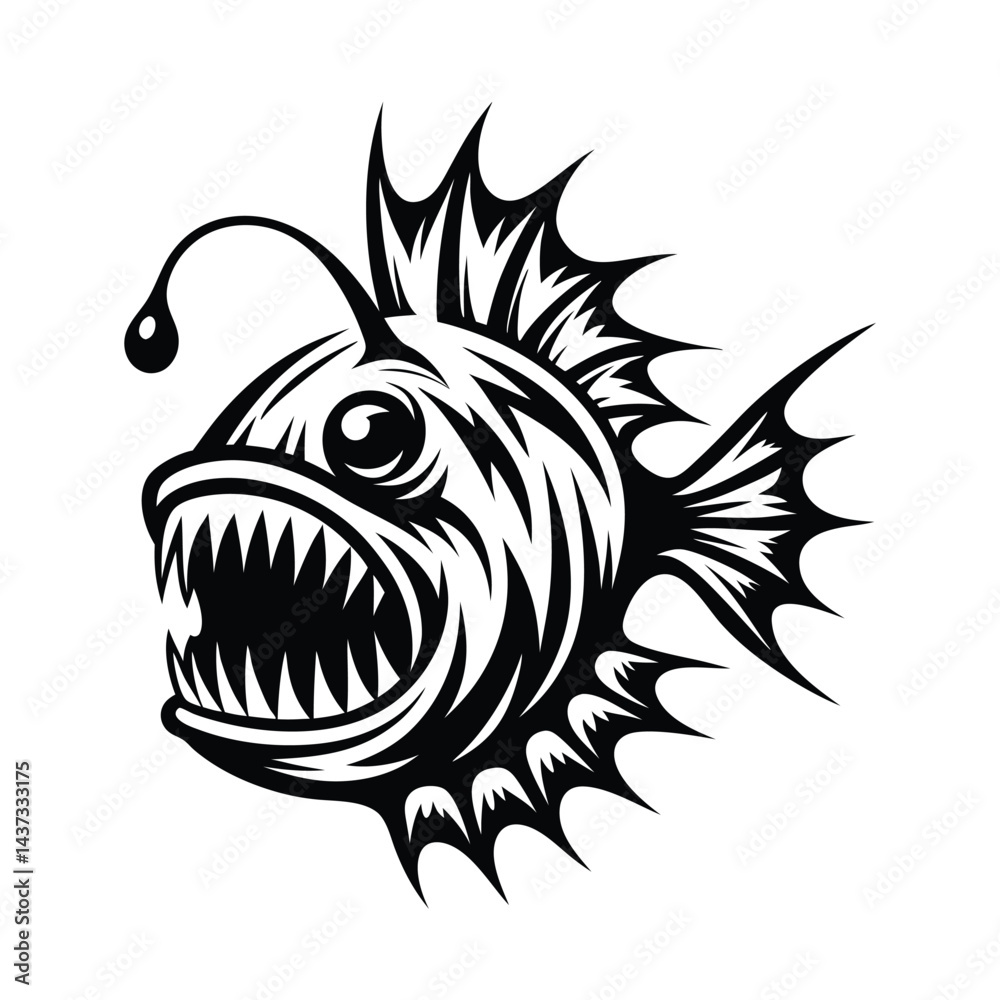 Obraz premium Detailed Black and White Anglerfish with Sharp Teeth and Bioluminescent Lure