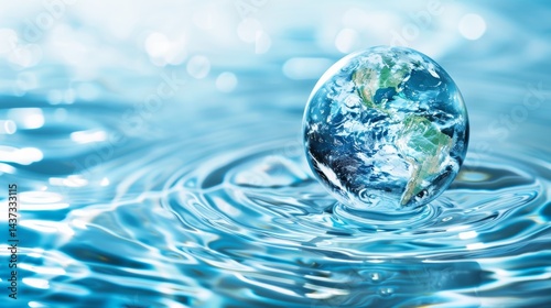 World Water Day concept with world in clean water drop on and fresh blue water ripples design, Environment save and ecology theme concept