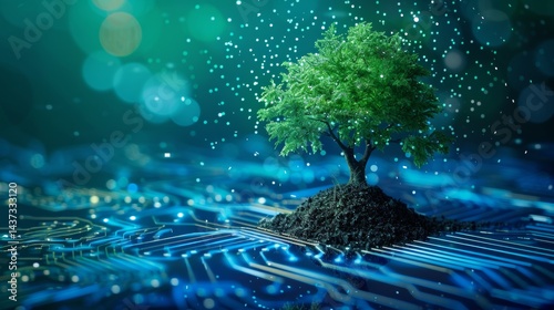 Tree with soil growing on the converging point of computer circuit board. Blue light and wireframe network background. Green Computing, Green Technology, Green IT, csr, and IT ethics Concept