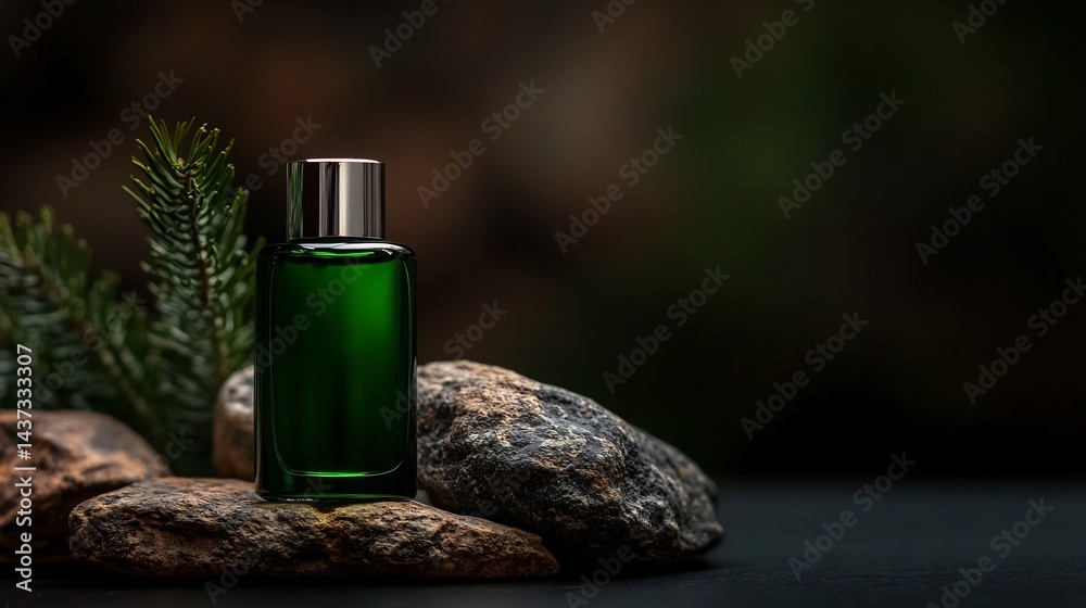Green Perfume Bottle on Rocks with Pine Branch Green Perfume Bottle on Rocks with Pine Branch
