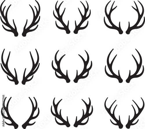 Set of hand drawn deer antler silhouette vector art illustration
