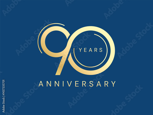 90th Anniversary luxury gold celebration with Connected numbers logo vector illustration design twisted infinity concept. Ninety years anniversary gold logo template for celebration event, invitation.