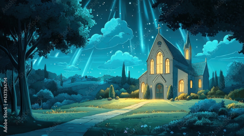 Obraz premium Peaceful church nestled in a tranquil night landscape