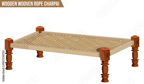 Handmade Wooden Wooven Rope Charpai Detailed Illustration
