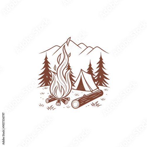 Rustic Forest Landscape Logo with Pine Trees and Cabin