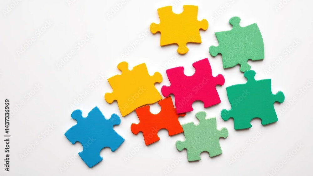 Colorful Puzzle Pieces Arranged Artfully on a White Background for Creative Play and Fun Colorful Puzzle Pieces Arranged Artfully on a White Background for Creative Play and Fun