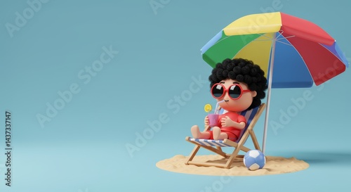 Cartoon character relaxing on beach chair under umbrella enjoying summer vacation with refreshing drink and playful beach ball for a fun getaway