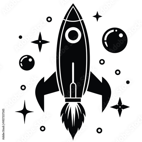 Iconic Rocket Illustration with Space-Themed Elements