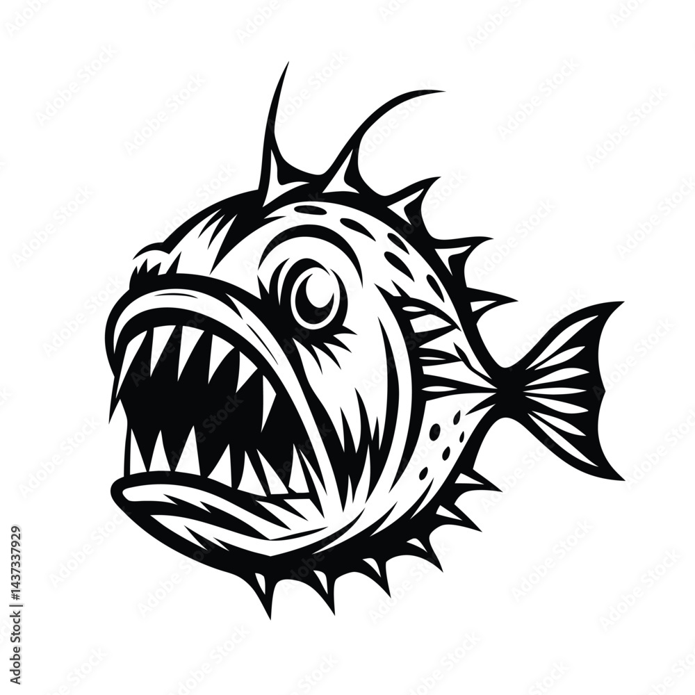 Obraz premium Tribal Anglerfish With Sharp Teeth in Black & White Line Art Isolated On White Stock