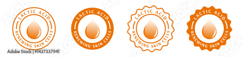 lactic acid serum badge, seal, stamp, logo, circle, rounded, orange color. skincare ingredient, formula, beauty product, skin treatment to renewing skin cells. 