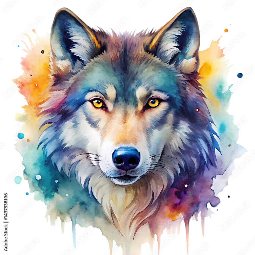 Naklejka premium Vibrant Watercolor Wolf Portrait Majestic Animal Art isolated on transparent background