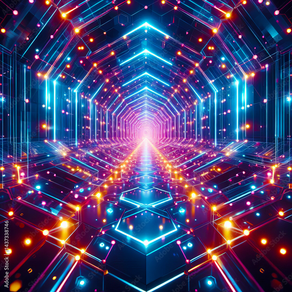Obraz premium Neon hexagon tunnel 