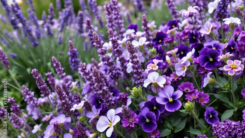Vibrant Garden Scene Featuring Blooming Purple Flowers and Lavender in Full Blossom Vibrant Garden Scene Featuring Blooming Purple Flowers and Lavender in Full Blossom