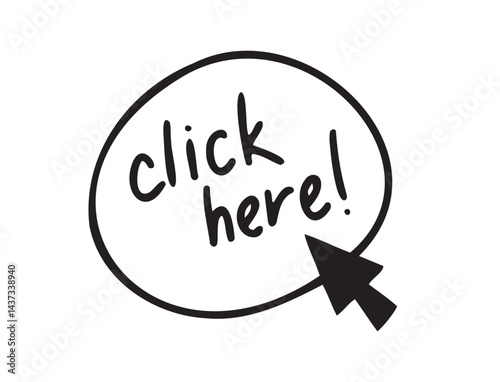Click here doodle button. Hand drawn sketch cursor icon. Web site register Freehand drawing style