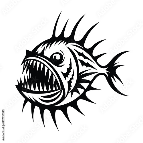 Piranha Fish Black And White Silhouette, Sharp Teeth, Spiky Fins, Aquatic, Predatory