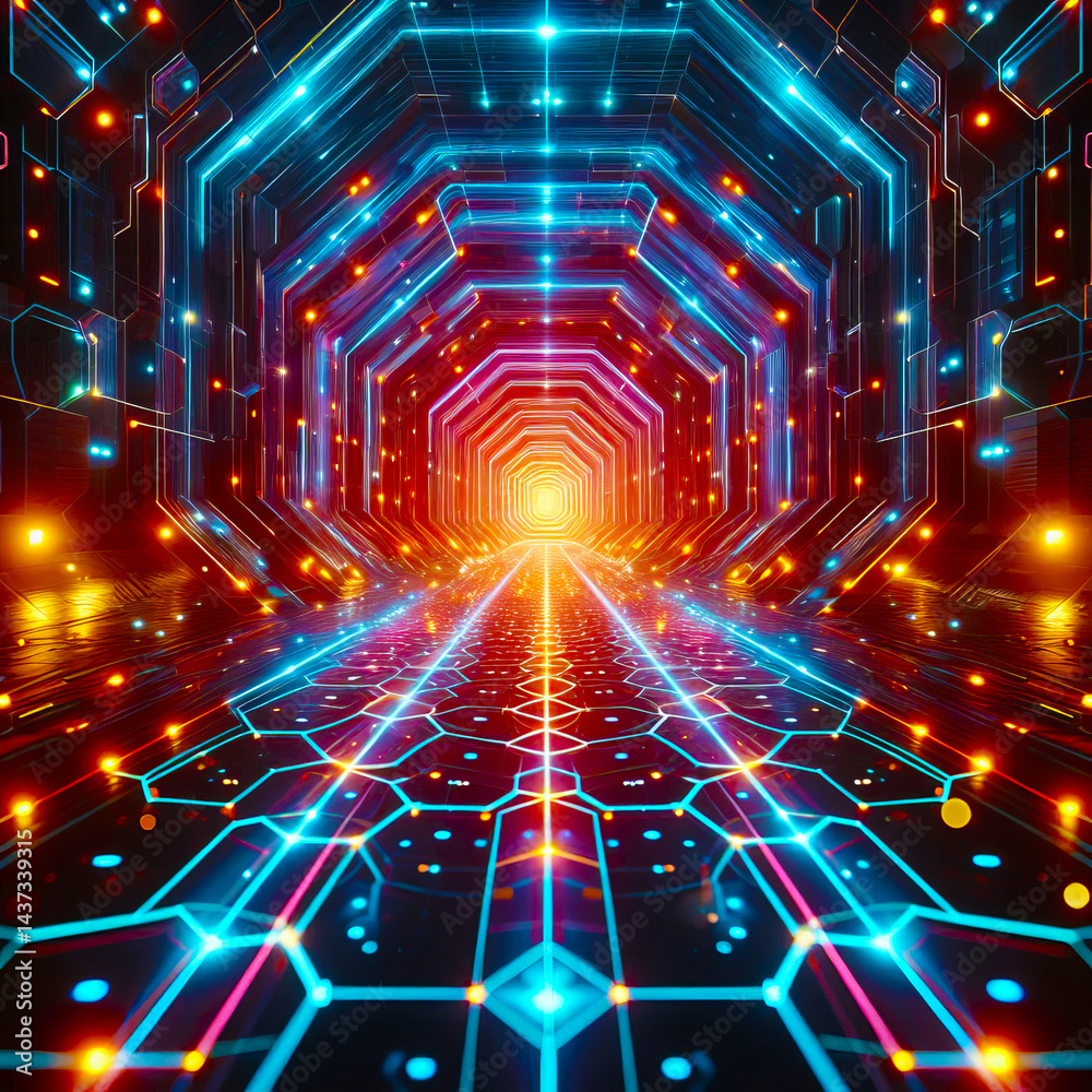 Obraz premium Neon hexagon tunnel 