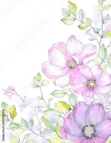 Flowers and leaves, watercolor, can be used as greeting card, invitation card for wedding, birthday and other holiday and summer background.
