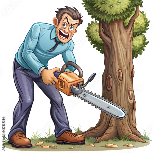 Frustrated Man Using Chainsaw on Tree on Transparent  background