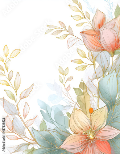 Flowers and leaves, watercolor, can be used as greeting card, invitation card for wedding, birthday and other holiday and summer background.
