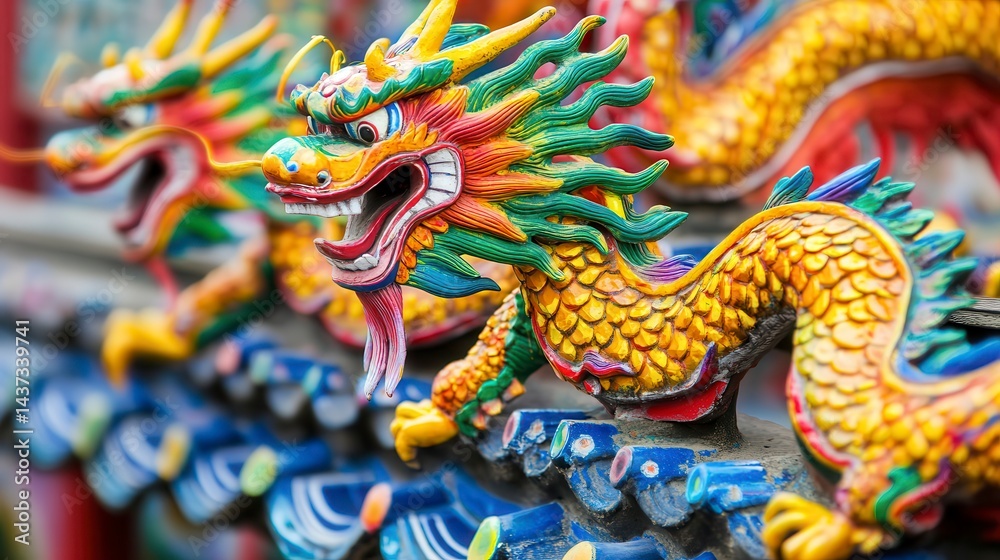 Colorful dragon statues on a temple roof. Colorful dragon statues on a temple roof.