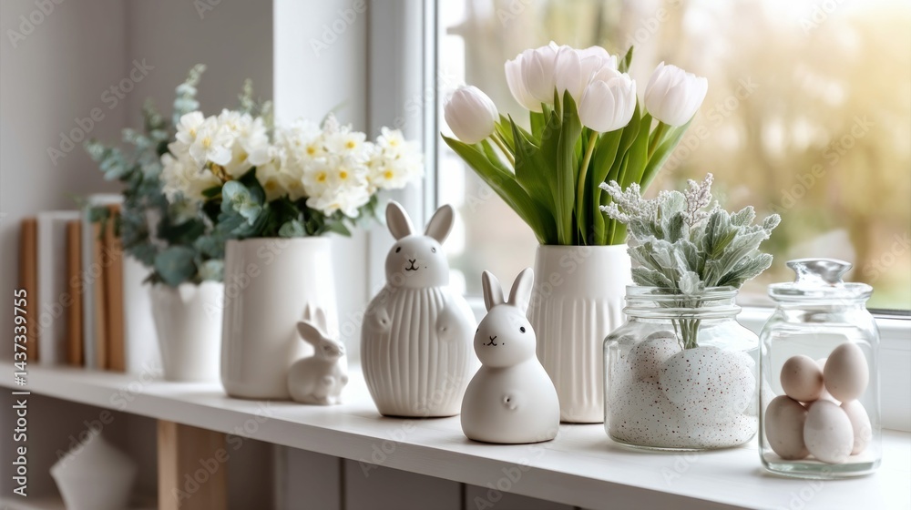 A beautiful spring display showcasing fresh white tulips and decorative Easter-themed arrangements. A beautiful spring display showcasing fresh white tulips and decorative Easter-themed arrangements.