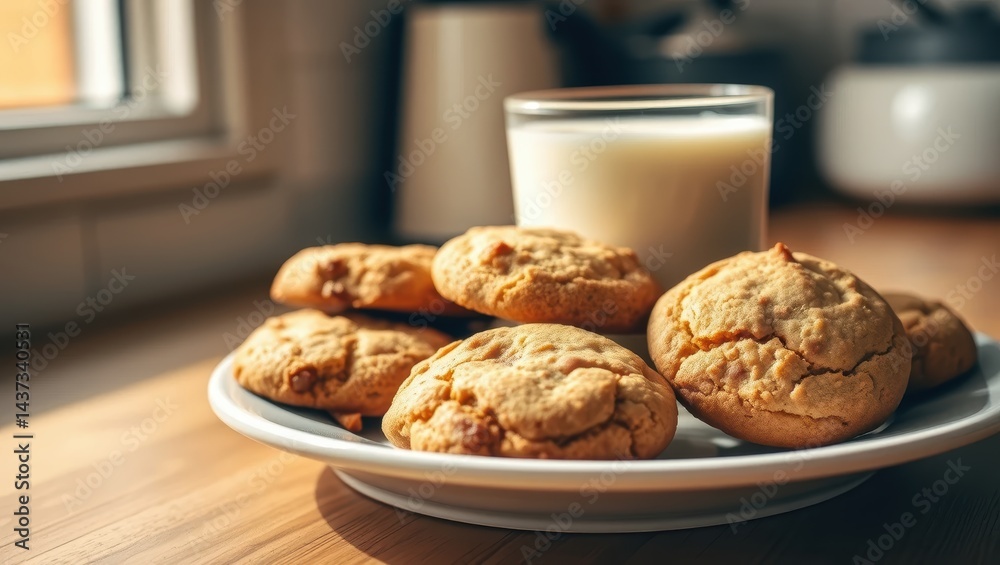 Freshly Baked Golden Cookies on a Plate Served with a Glass of Milk in a Cozy Kitchen Setting Freshly Baked Golden Cookies on a Plate Served with a Glass of Milk in a Cozy Kitchen Setting