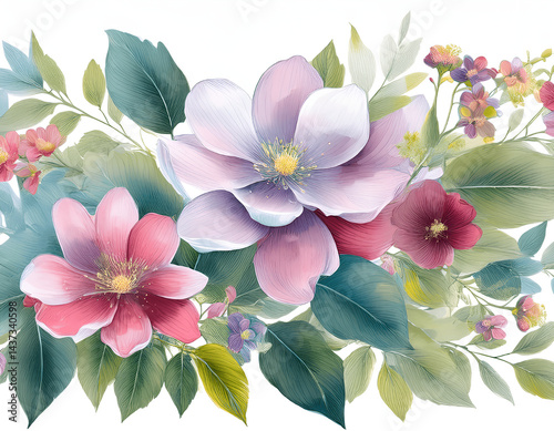 Flowers and leaves, watercolor, can be used as greeting card, invitation card for wedding, birthday and other holiday and summer background.
