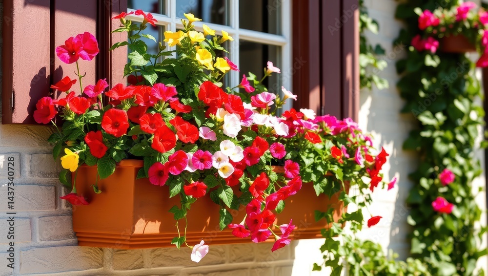 Vibrant Flower Box Displaying Colorful Petunias at a Sunny Window in a Charming Garden Setting Vibrant Flower Box Displaying Colorful Petunias at a Sunny Window in a Charming Garden Setting