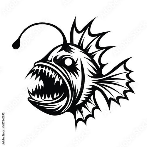 Monochrome Anglerfish Illustration, Sharp Teeth, Bioluminescent Lure, Deep Sea Creature