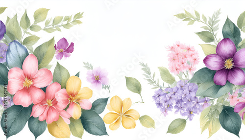 Flowers and leaves, watercolor, can be used as greeting card, invitation card for wedding, birthday and other holiday and summer background.
