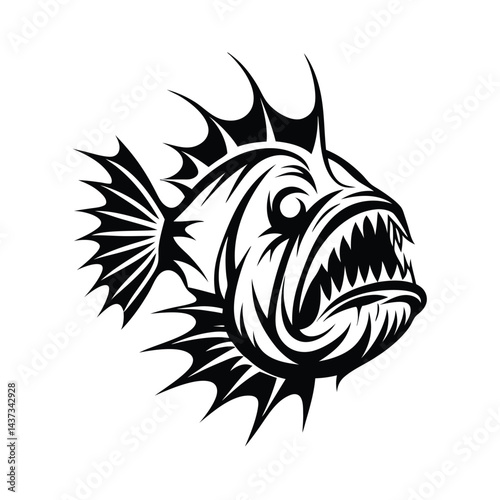 Black and White Anglerfish with Sharp Teeth and Tribal Motifs Art Design