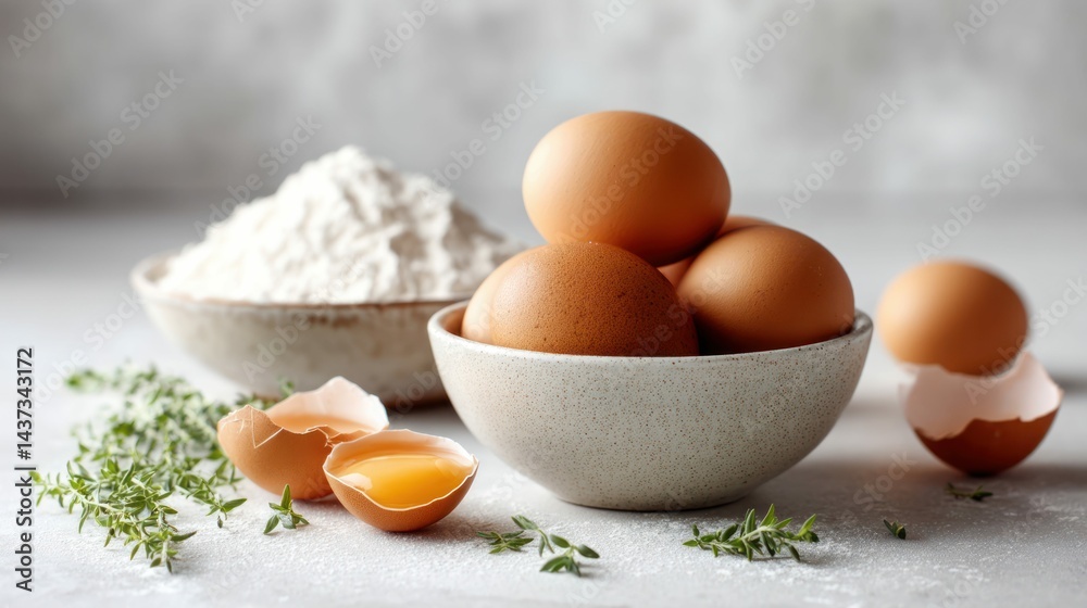 A bowl of fresh eggs alongside flour and herbs, perfect for baking a delicious meal.
