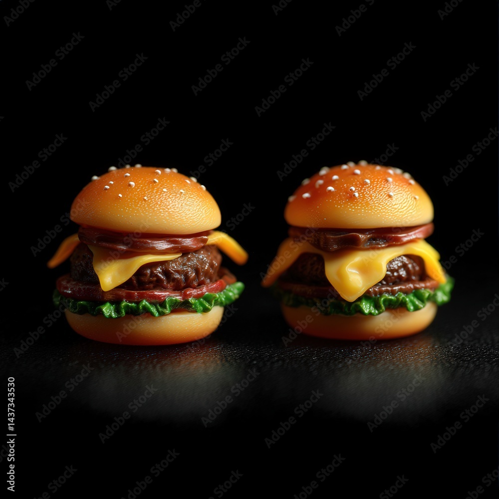 Two mini hamburgers placed on a table ready to be enjoyed as a delicious snack or meal in a social gathering setting Two mini hamburgers placed on a table ready to be enjoyed as a delicious snack or meal in a social gathering setting