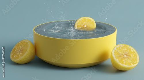 A lemon being dropped into a container filled with water in a waterless ultrasonic fruit cleaner for effective cleaning