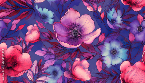 Seamless floral pattern with flowers, watercolor
