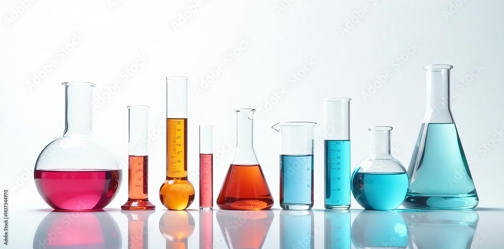 Set of various laboratory glassware arranged on a white background with shadows, precision, containers Set of various laboratory glassware arranged on a white background with shadows, precision, containers