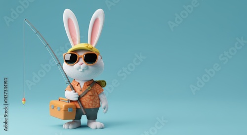 Easter bunny ready for a fishing adventure with fishing rod and tackle box against a vibrant blue backdrop perfect for springtime fun and holiday cheer