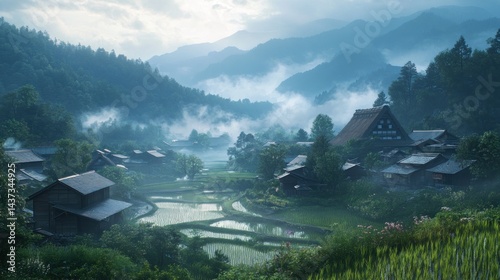 Misty mountain village nestled in a valley. Lush greenery, traditional homes, and rice paddies create a tranquil scene