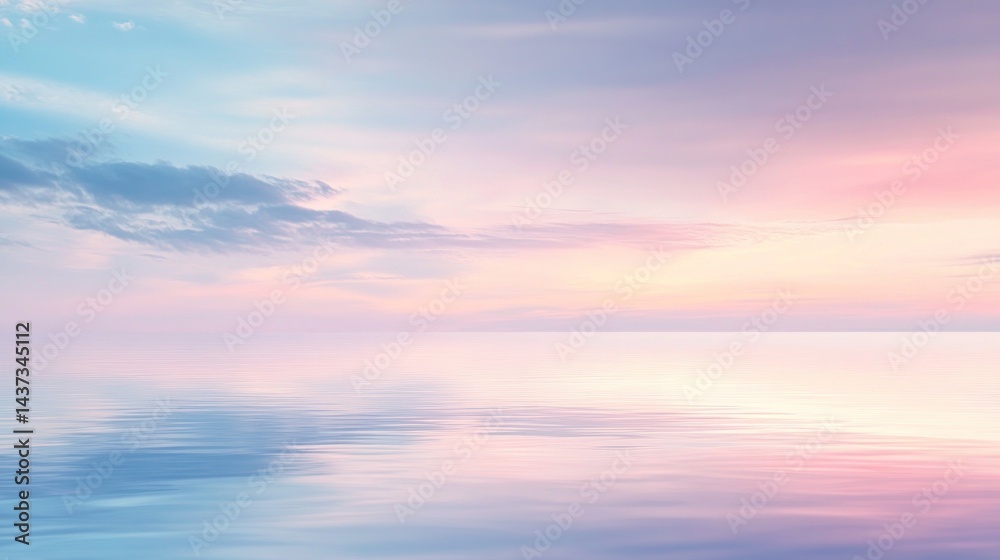 Obraz premium Serene pastel sunset over water. Soft hues of pink, blue, and orange blend in the sky, mirrored peacefully on the water's surface. Soft, diffused light paints a calming atmosphere
