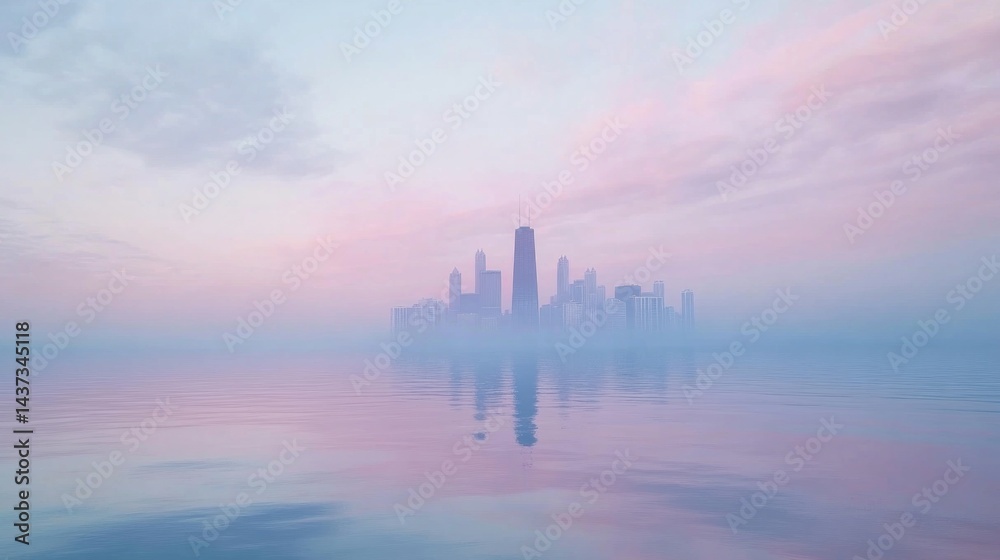 Fototapeta premium Misty city skyline reflected in calm water at sunrise. Soft pastel colors create a serene and dreamy atmosphere