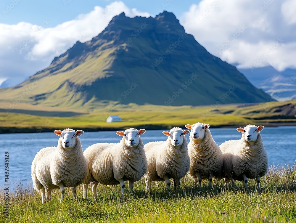 Obraz premium Sheep graze peacefully by lake, against a backdrop of mountains, in Iceland for a travel brochure