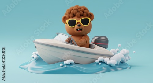 Playful cartoon bear character cruises in a motorboat on a sunny day in summer vacation, a fun 3D rendering for kids and family content