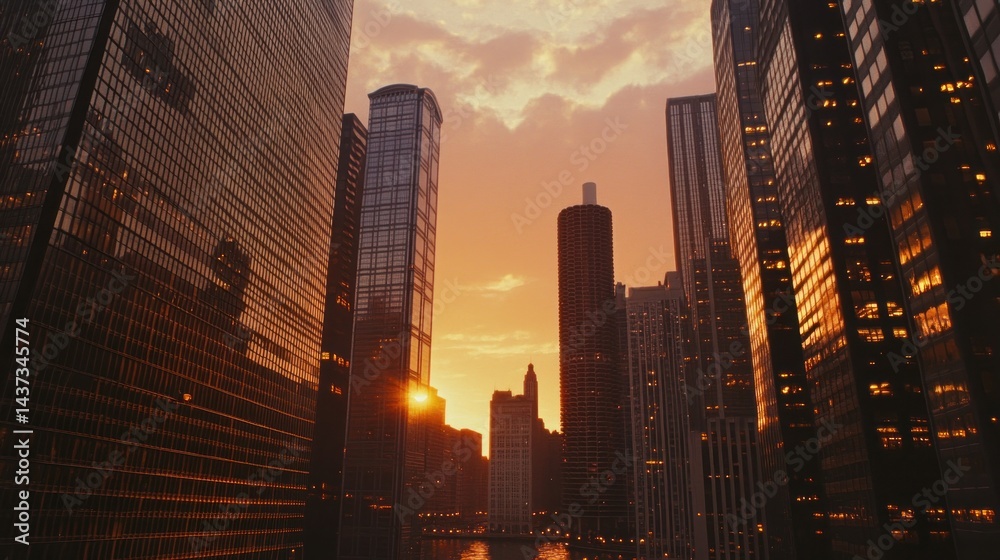 Fototapeta premium City skyline at sunset, illuminated modern skyscrapers