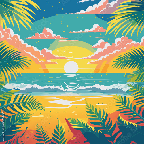 Tropical leaves background. Summer holiday banner. Vector illustration