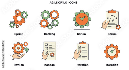Agile methodology icons set featuring sprint backlog scrum kanban review and iteration for project management and software development