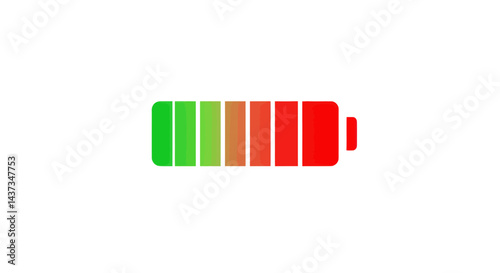 Battery power level indicator showing charge status with green and red segments on white background for technology concepts