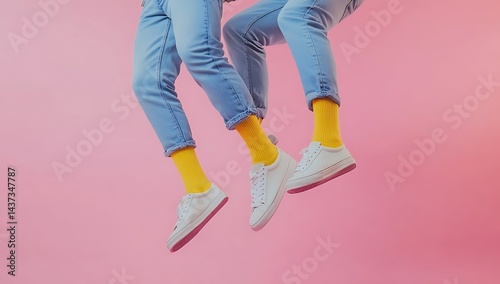 Colorful Fashion Concept with Yellow Socks and White Sneakers on Pink Background