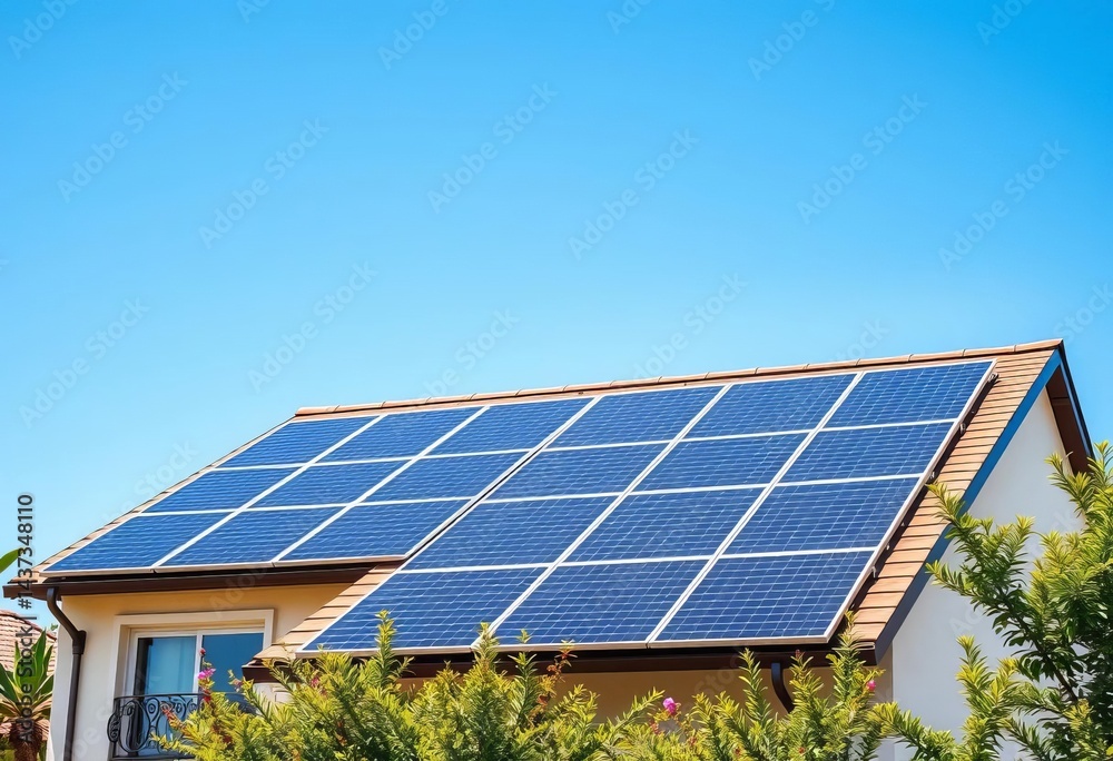 Fototapeta premium Sleek solar panels on a modern house, sunny blue sky, global warming, solar installation